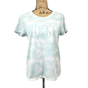 RAE DUNN Women's Regular Lucky Tie Dye T Shirt Blue White Cloud Size Small New